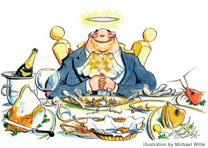 Cartoon of man at table after eating many meats