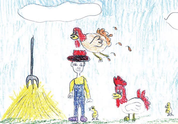 Child's drawing of farmer with chickens