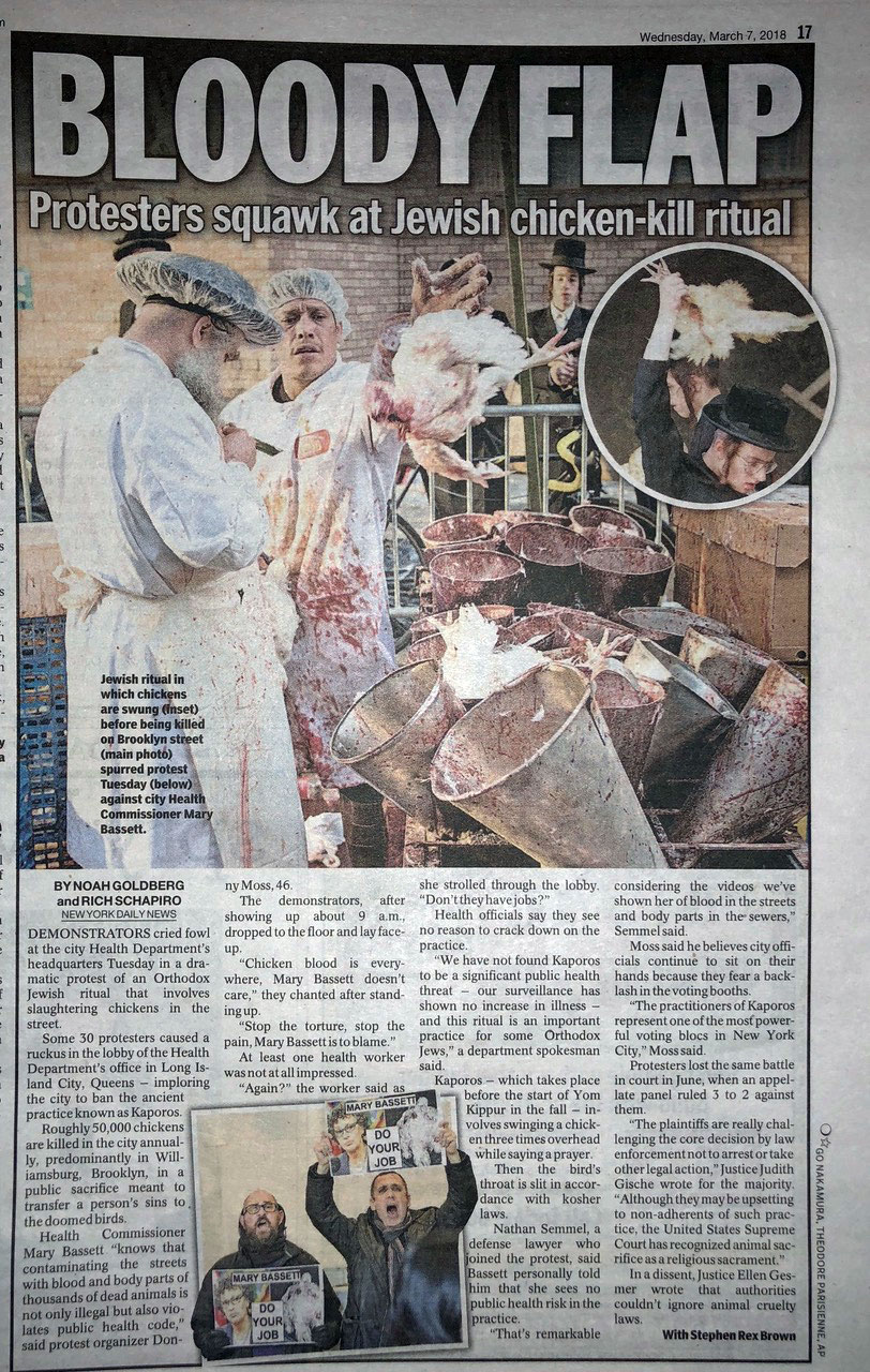20180307 NY Daily News: Bloody Flap - Protestors squawk at Jewish chicken-kill ritual