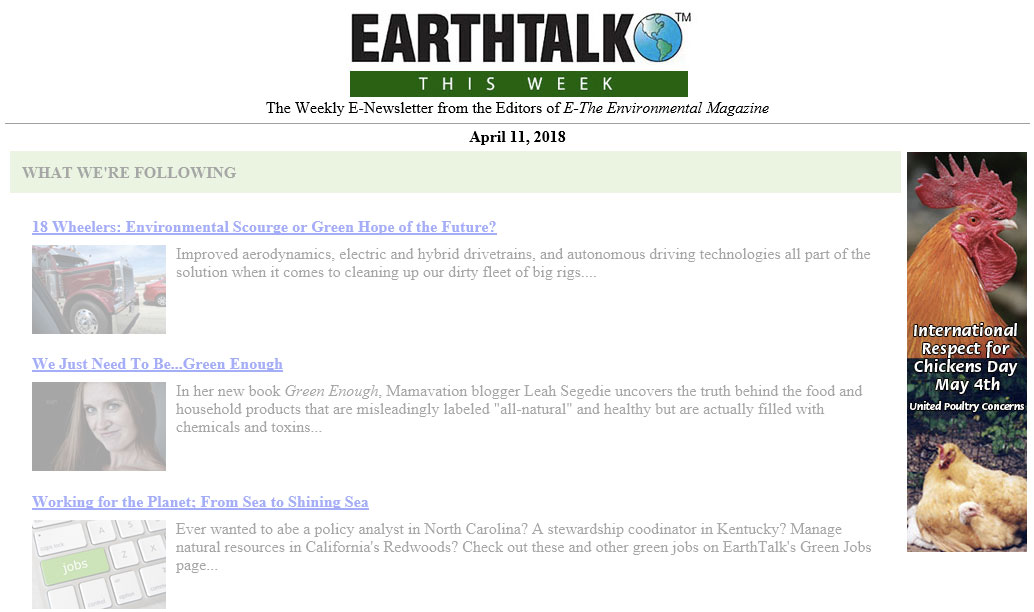 Ad that appears in the April 11th 2018 EarthTalk Newsletter